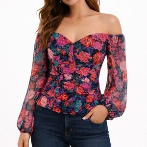 Vtg SO Purple Floral Corset Style Long Sleeve Chiffon Peasant Off Shoulder Top